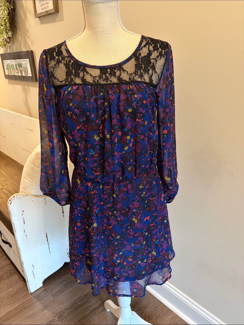 Mimi Chica Purple Floral Lace Yoke Long Sleeve Dress up